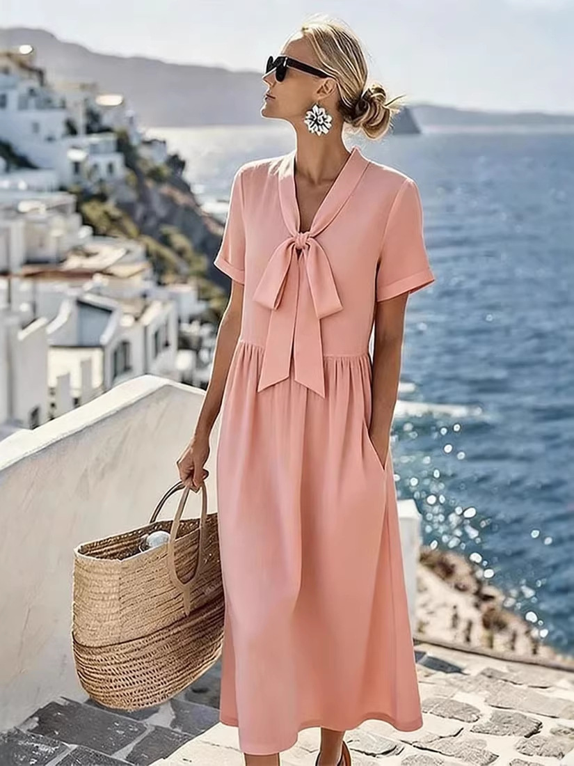 Women's Bow Casual Dress with Minimalist Print