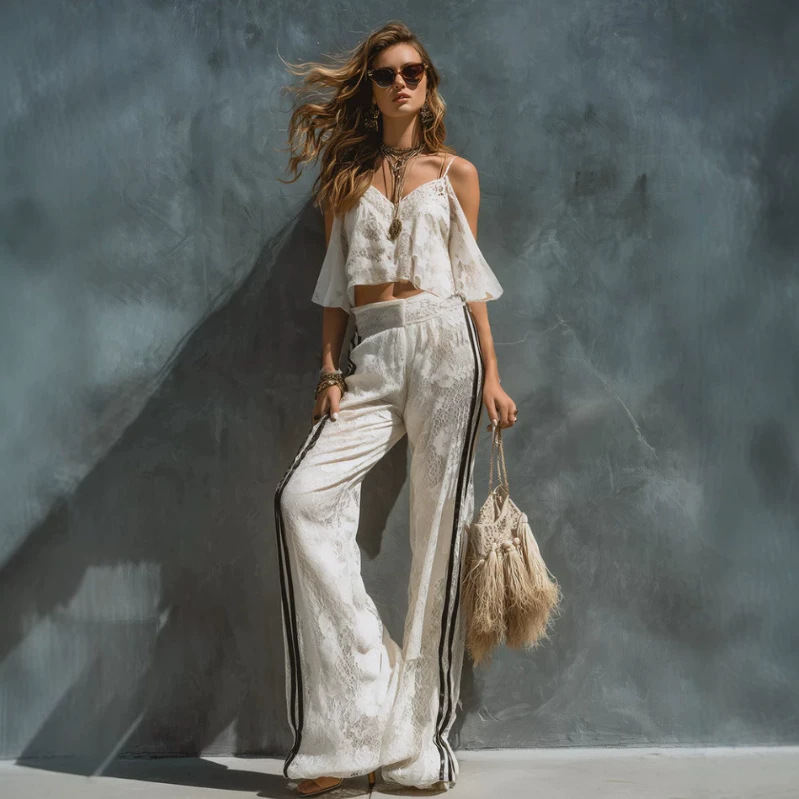 Retro Striped Trim White Off-Shoulder Lace T-Shirt and Wide-Leg Pants Set