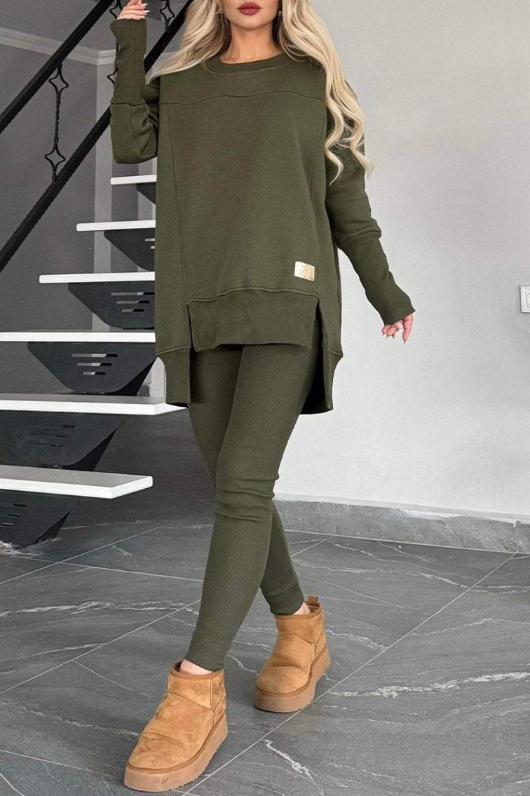 Women's Casual Solid Color German Velvet Long Sleeve Round Neck Slit Top Set