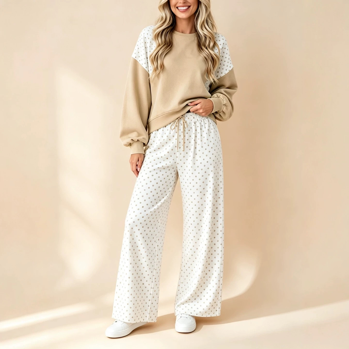 Colorblock Polka Dot Women's Two-Piece Set with Crew Neck Long Sleeve Top and Drawstring Wide-Leg Pants