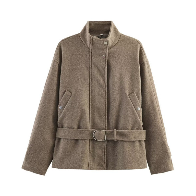 Women's Loose Zip Belted Stand Collar Woolen Jacket