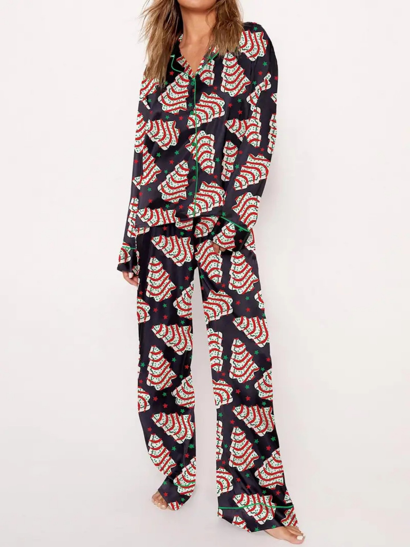 Christmas Tree Print Cuban Collar Long Sleeve Women's Set