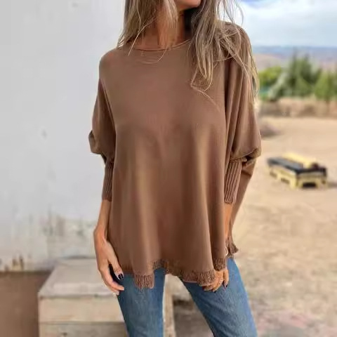 Women's Loose Long Sleeve Ruffle Knit Top