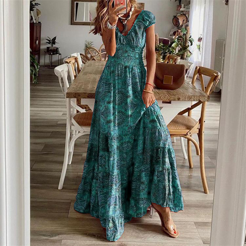 Bohemian V-Neck Floral Print High-Waist Maxi Dress