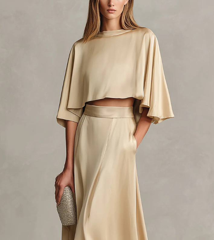 Women's Satin Cape-Sleeve Long Dress Set Elegant Luxury Style