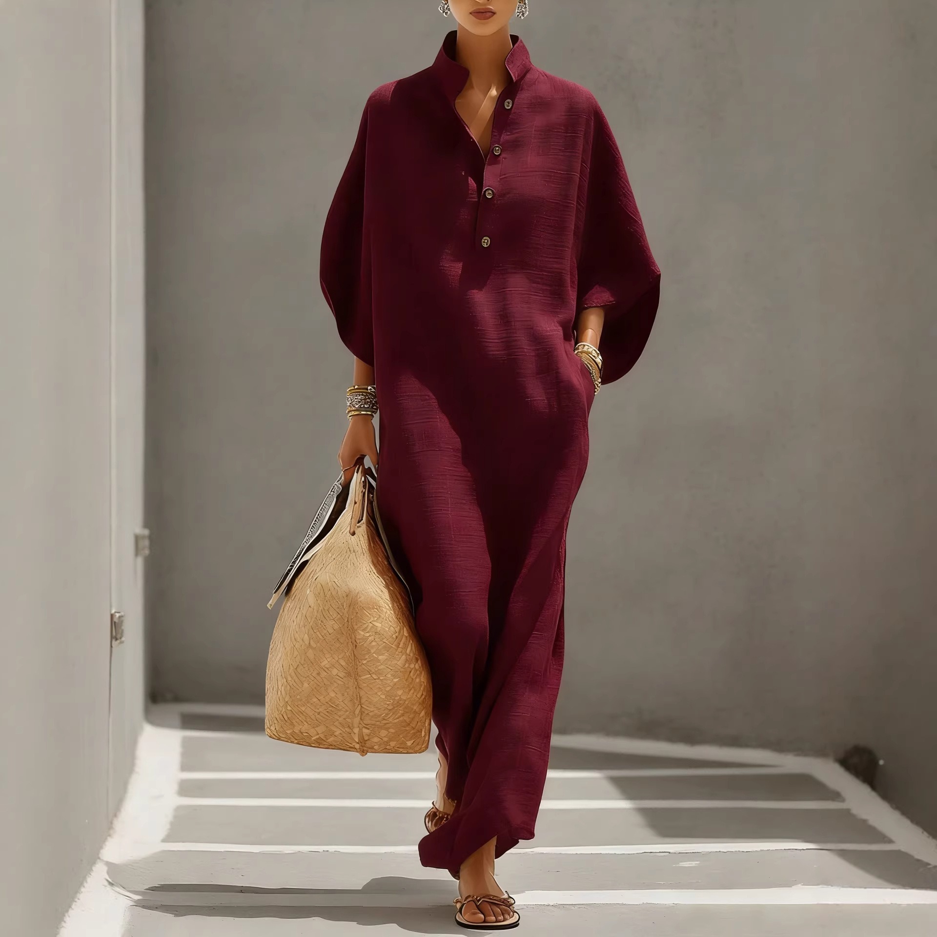Women's Waist-Cinching Ruffle Button-Front Midi Dress with Stand Collar