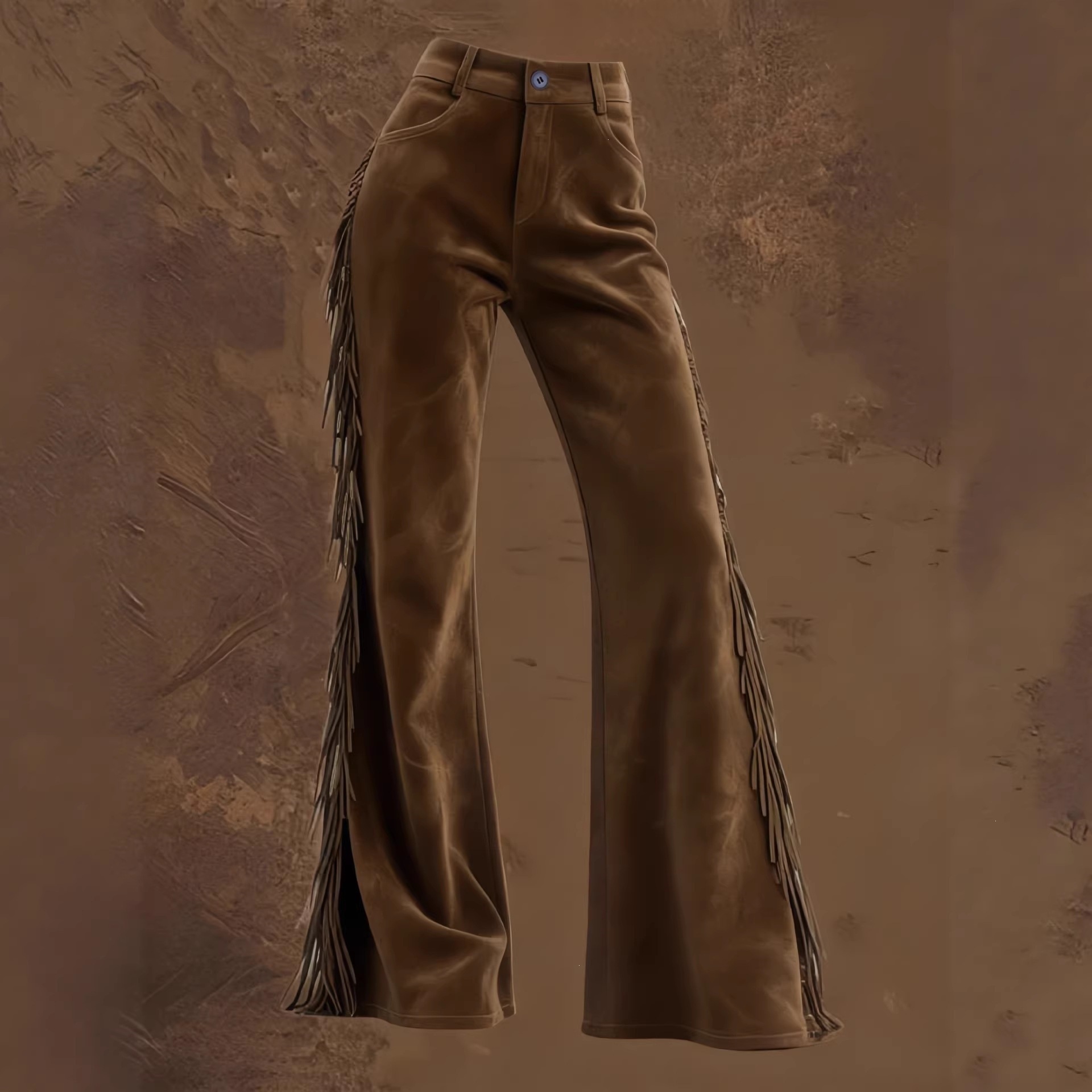 Women's Retro Fringe Faux Suede Flare Pants Dark Brown