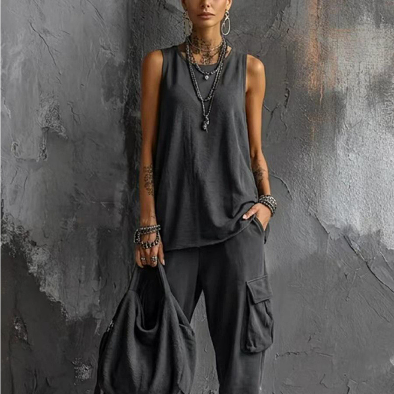 Heavyweight Solid Color Sleeveless Tank Top and Wide-Leg Cargo Pants Two-Piece Set