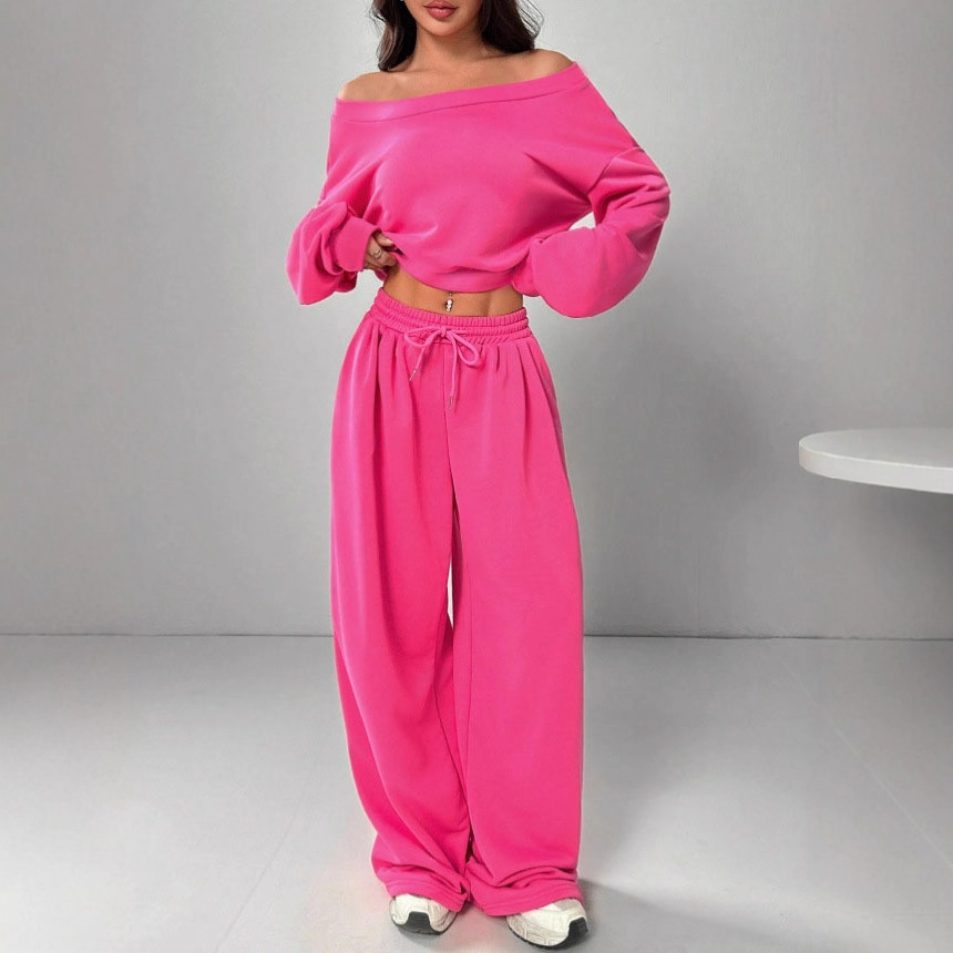 Women's Slim Fit Long Sleeve Top and Pants Set Solid Color Knit