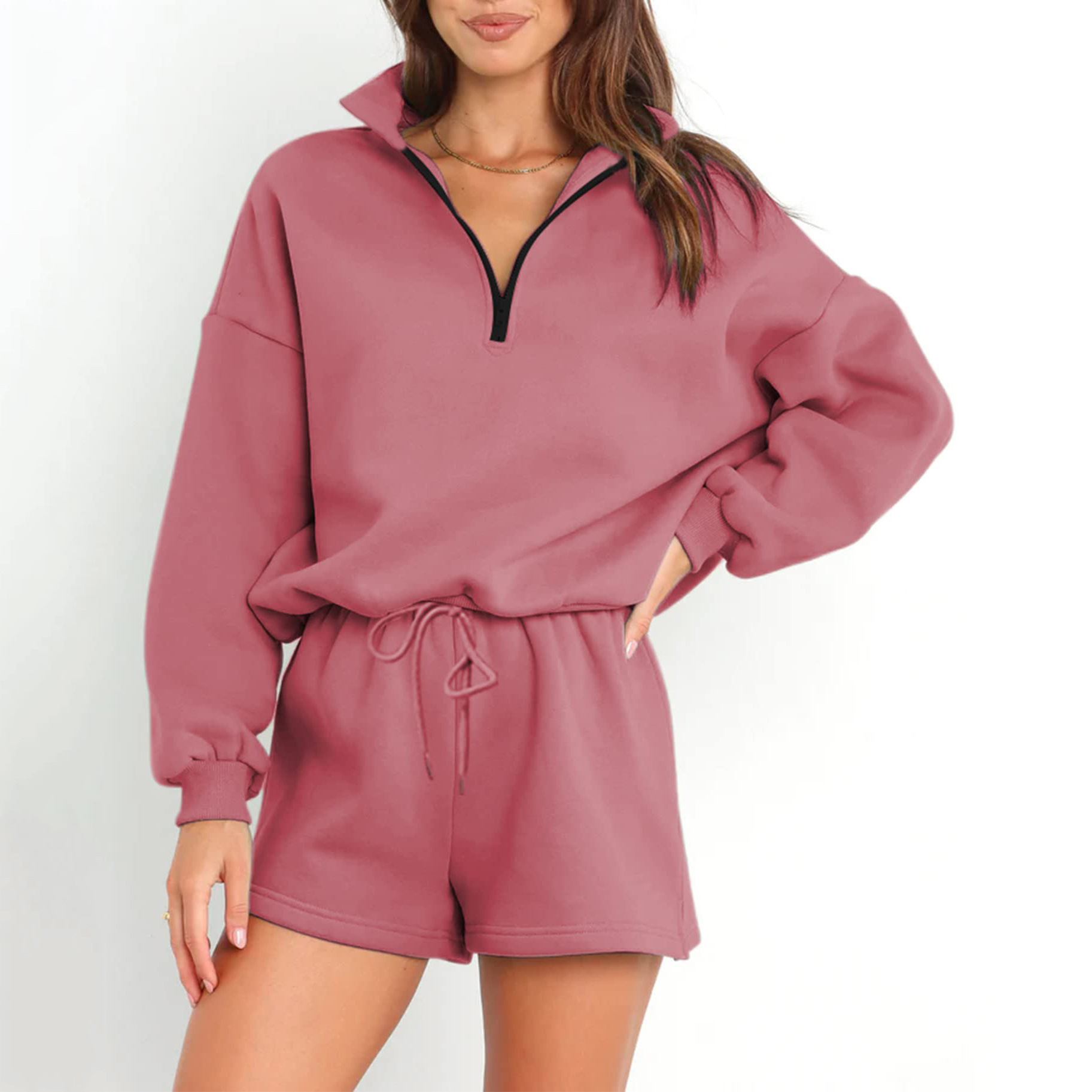 Women's Solid Zip Pocket Hoodie and Shorts Set