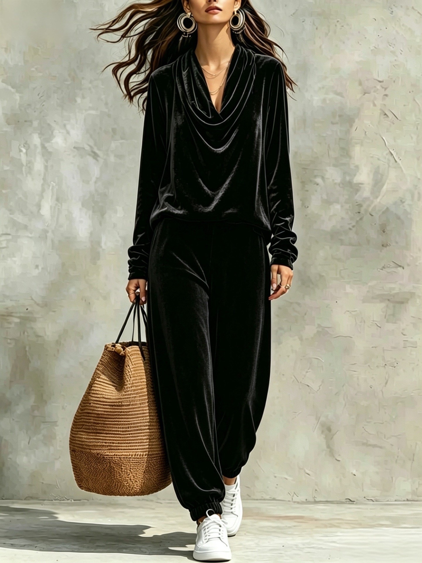 Women's Casual Cowl Neck Long Sleeve Top and Jogger Pants Set