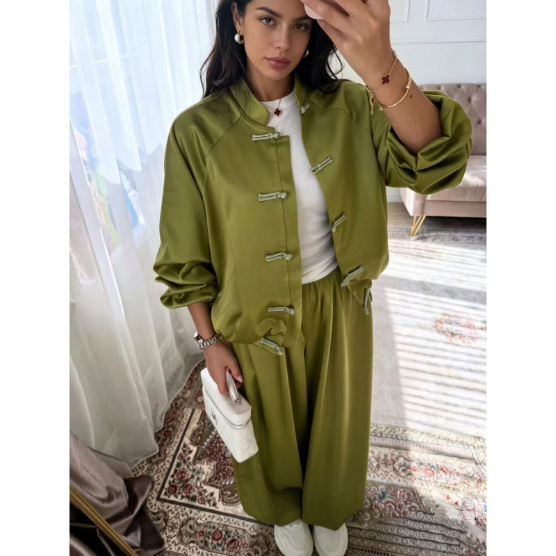 New Chinese Style Frog Button Satin Two-Piece Set with Wide-Leg Drawstring Pants