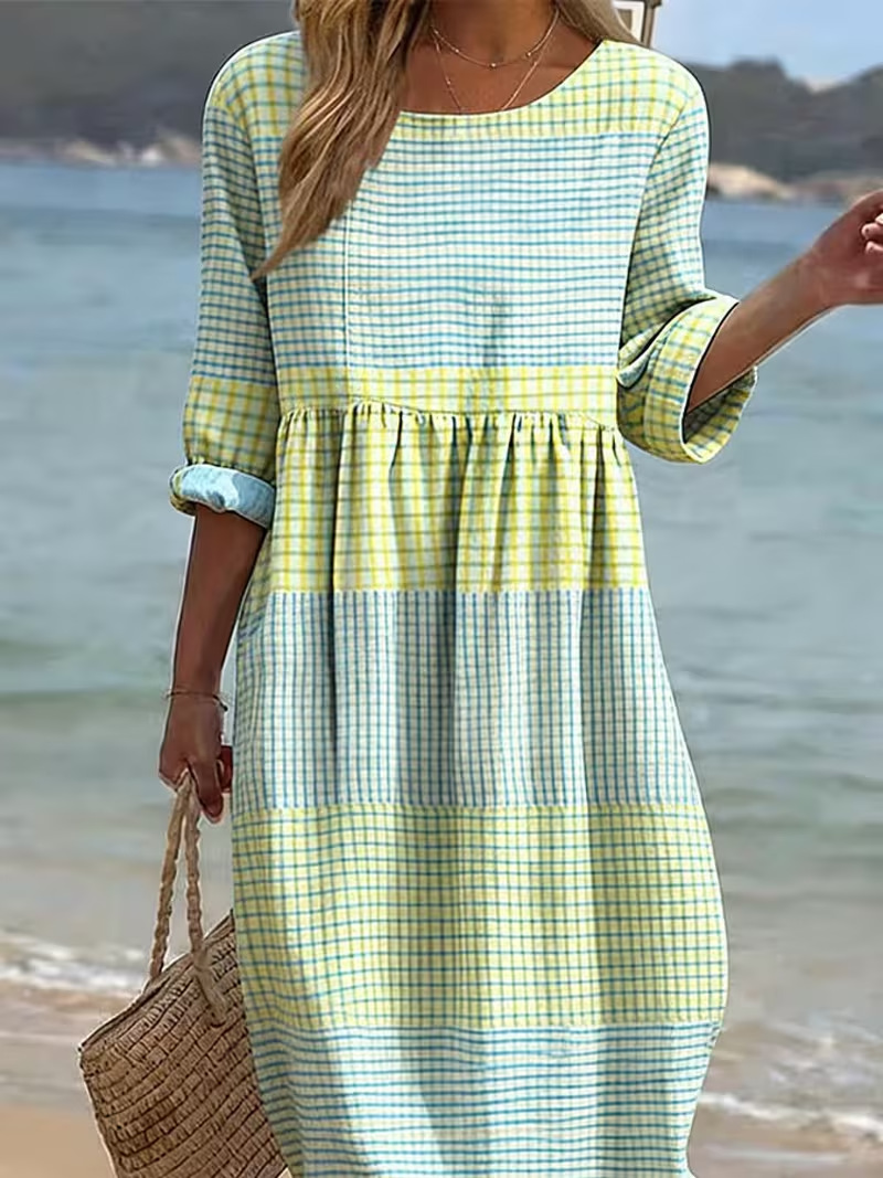 Women's Plaid Color-Block Floral Midi Dress with Pleated Details
