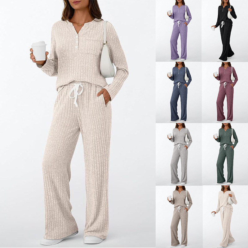 Women's V-Neck Two-Piece Pajama Set Long Sleeve Loungewear
