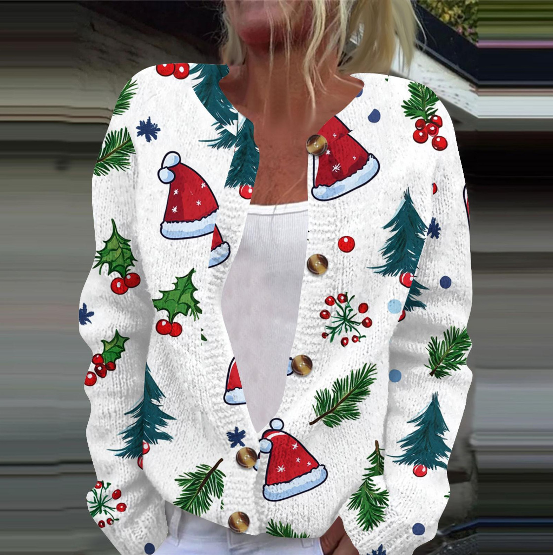 Women's Christmas Snowflake Reindeer Print Button Cardigan Sweater