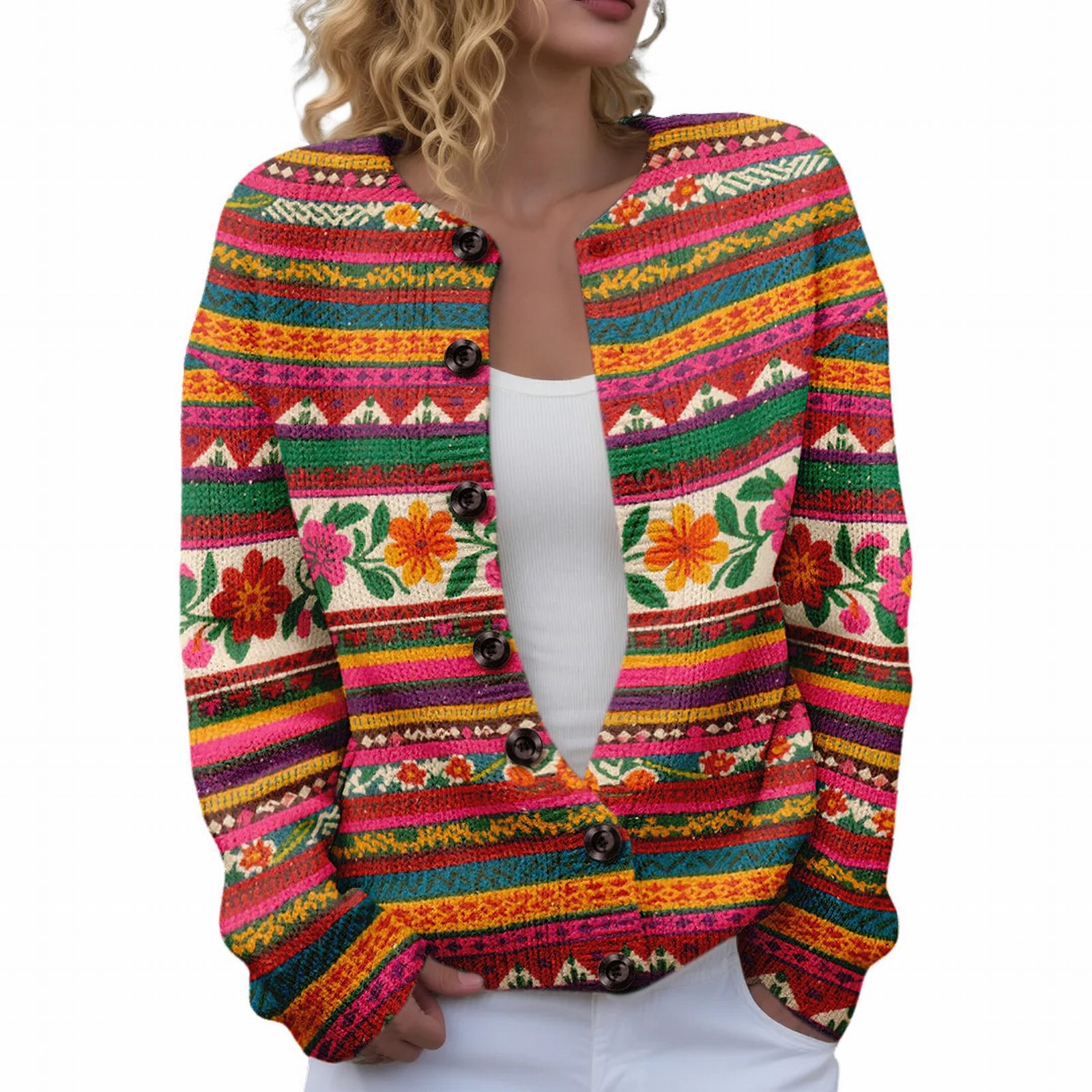 Women's Floral Maple Leaf Print Button Cardigan
