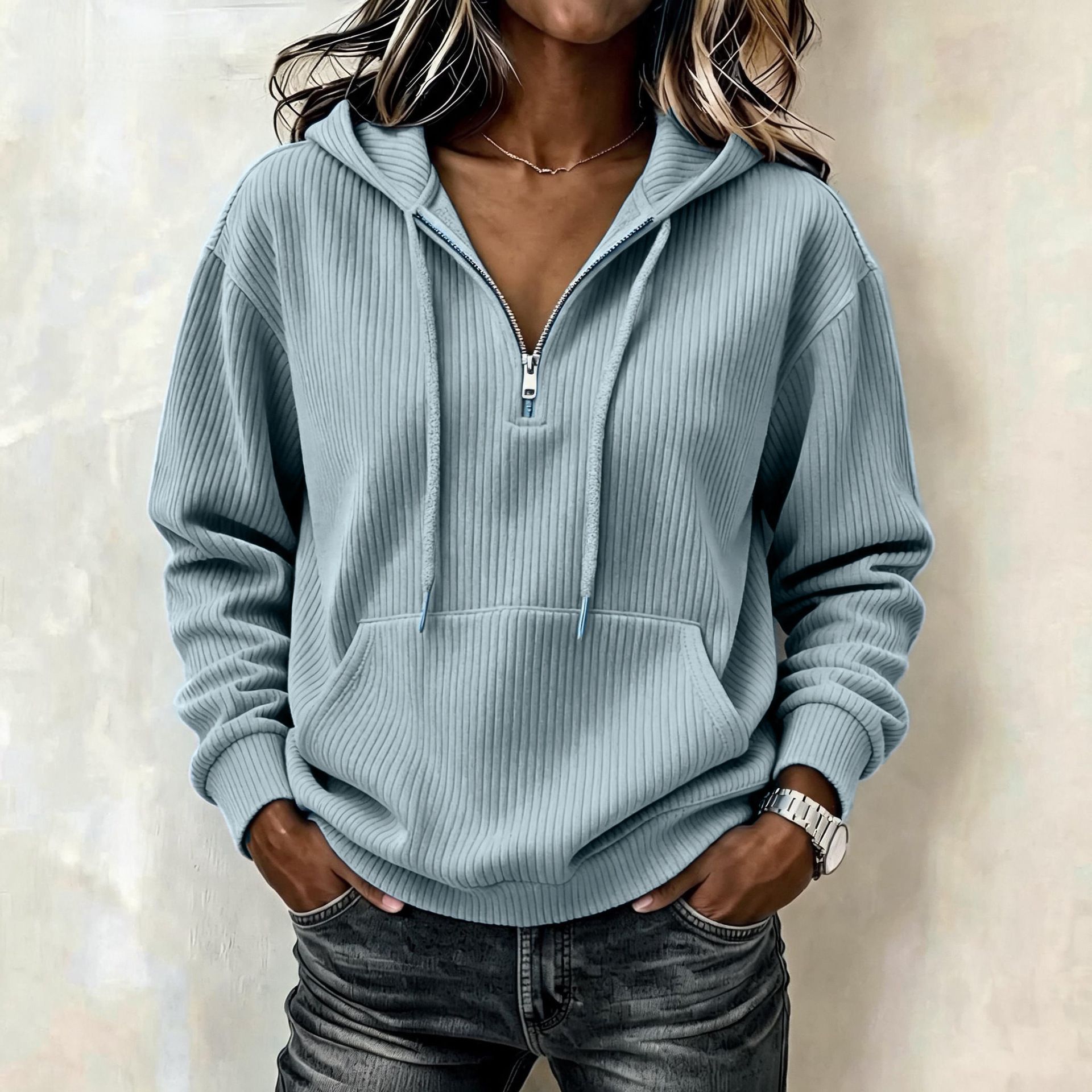 Corduroy Striped Drawstring Hoodie Loose Fit Women's