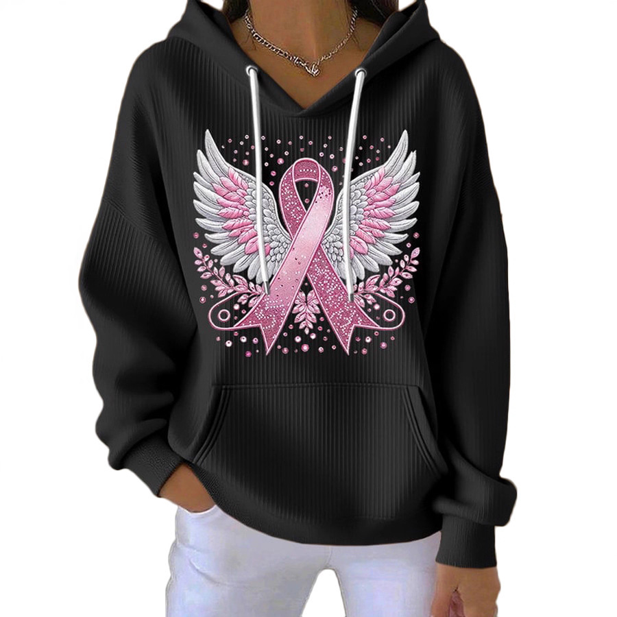 Women's Striped Hooded Long-Sleeve Sweatshirt with Cartoon Digital Print