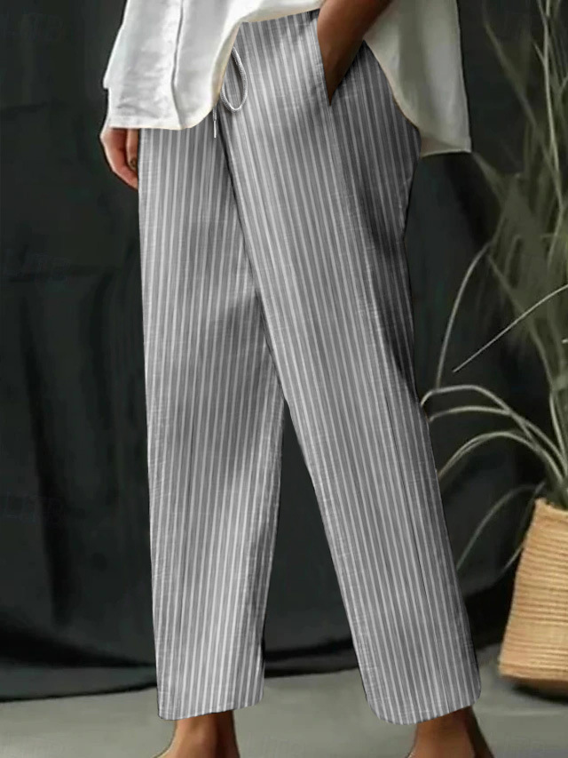 Striped & Solid Cotton-Linen Loose Casual Pants