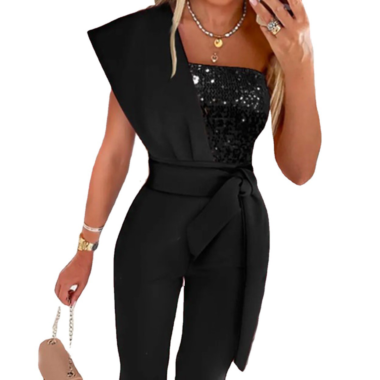 Printed Sleeveless Jumpsuit with Belt and Sequin Detail