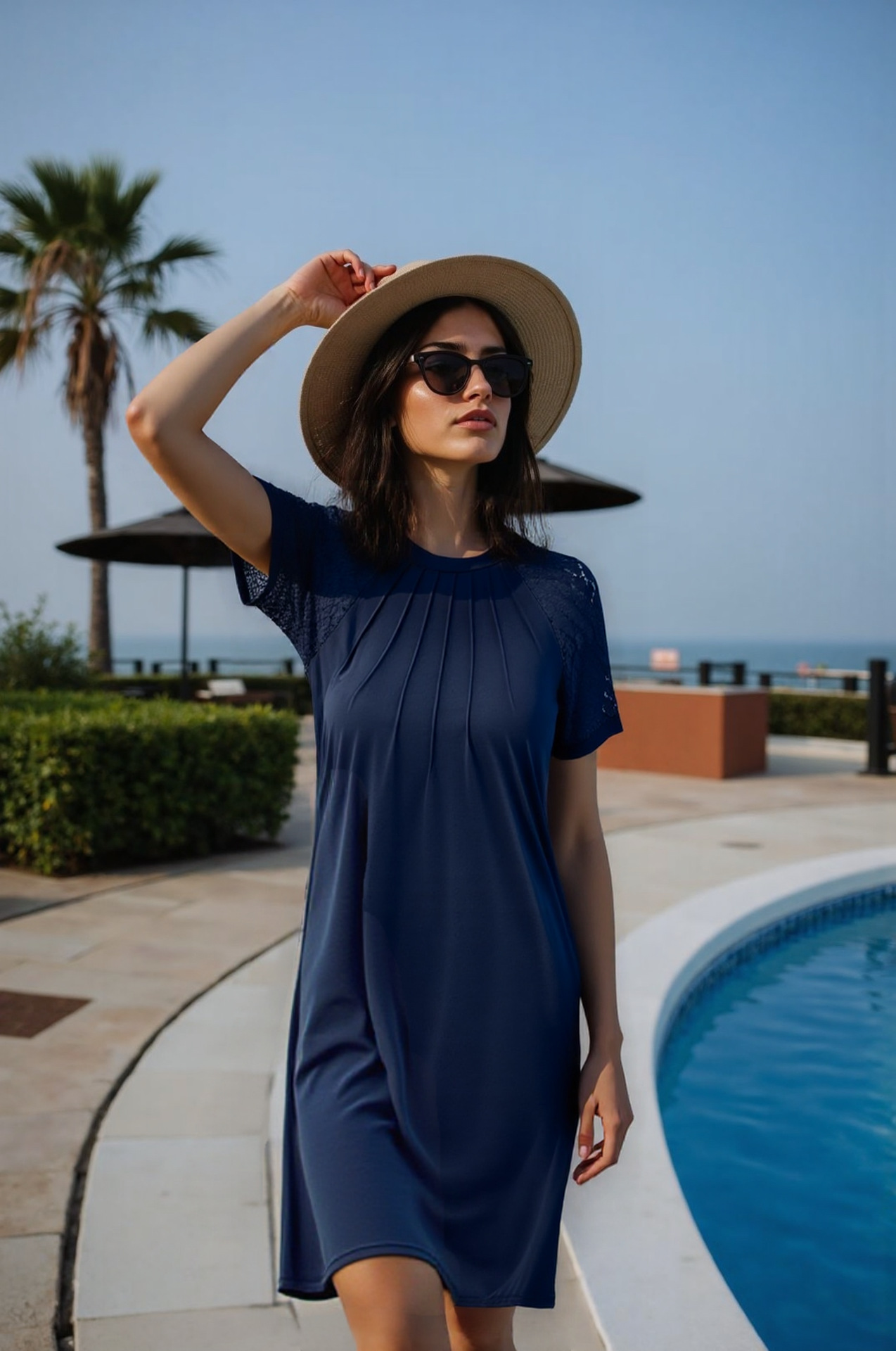 Women's Solid Color Hollow-Out Lace Short Sleeve Round Neck Crinkled Dress