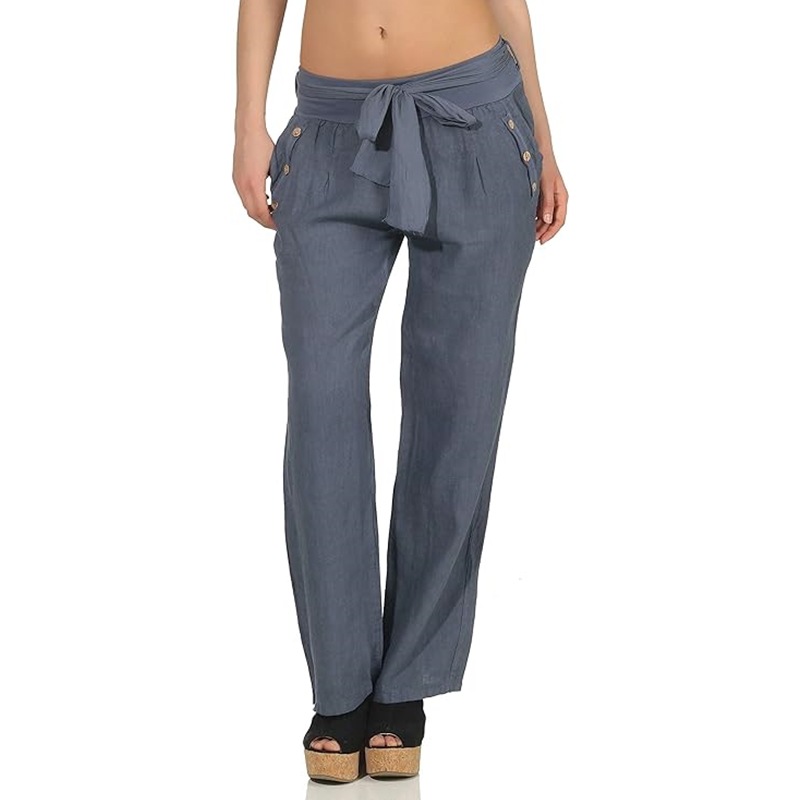 Women's Cotton-Linen Straight-Leg Pants with Belt