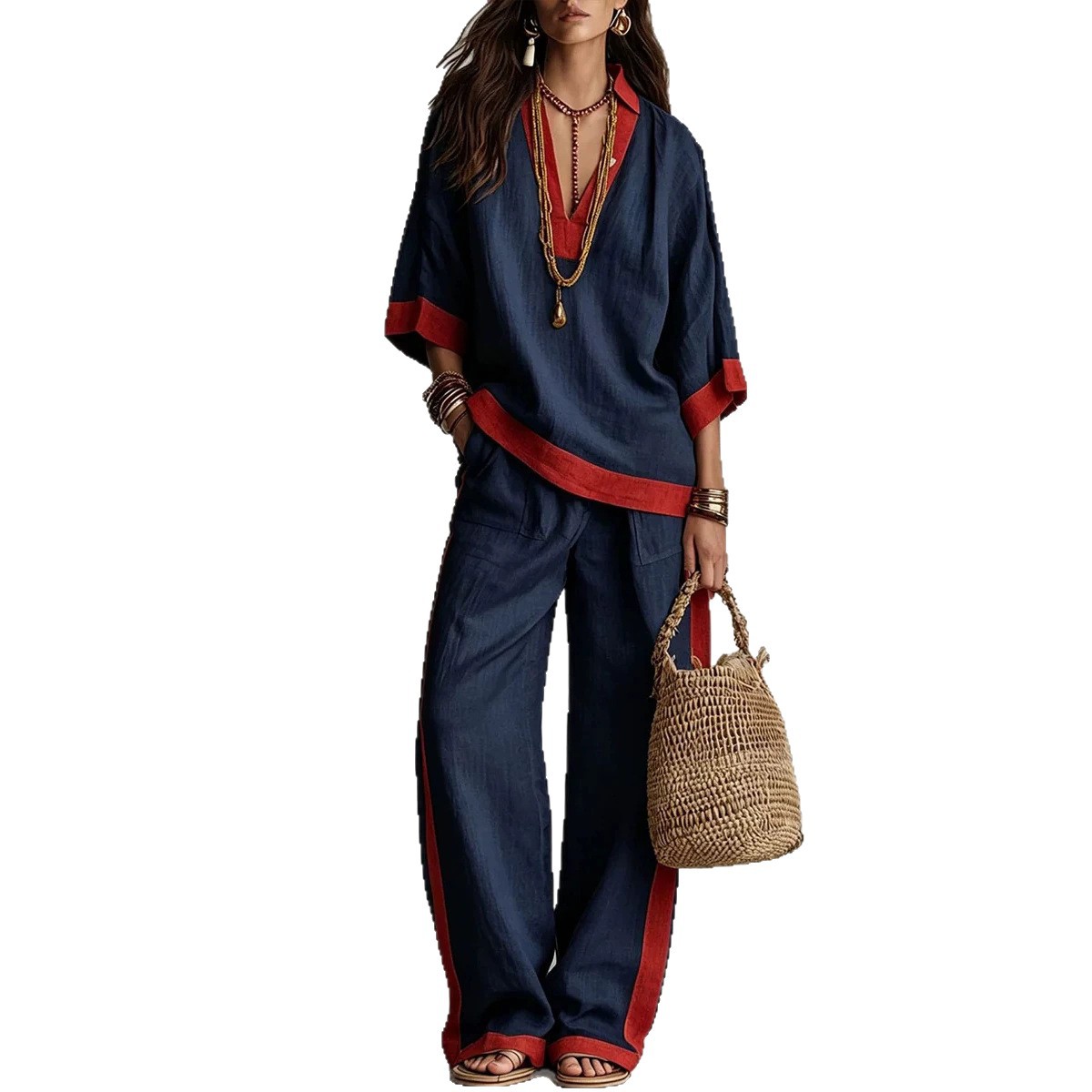 Color-Block Linen-Look V-Neck Top & Wide-Leg Pants Set
