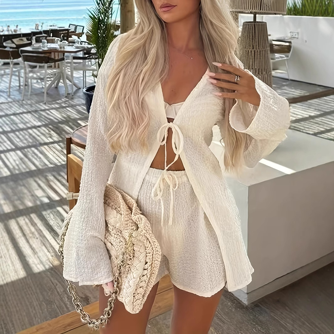 Women's Tie-Front Cardigan and Shorts Set Long Sleeve Casual Two-Piece