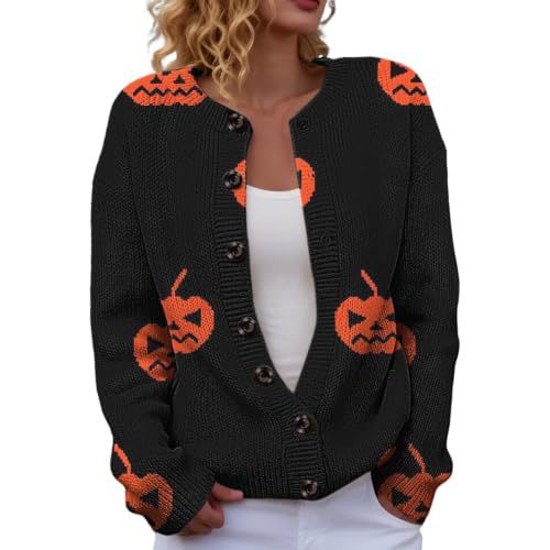 Halloween Pumpkin Castle Print Faux Knit Cardigan for Women