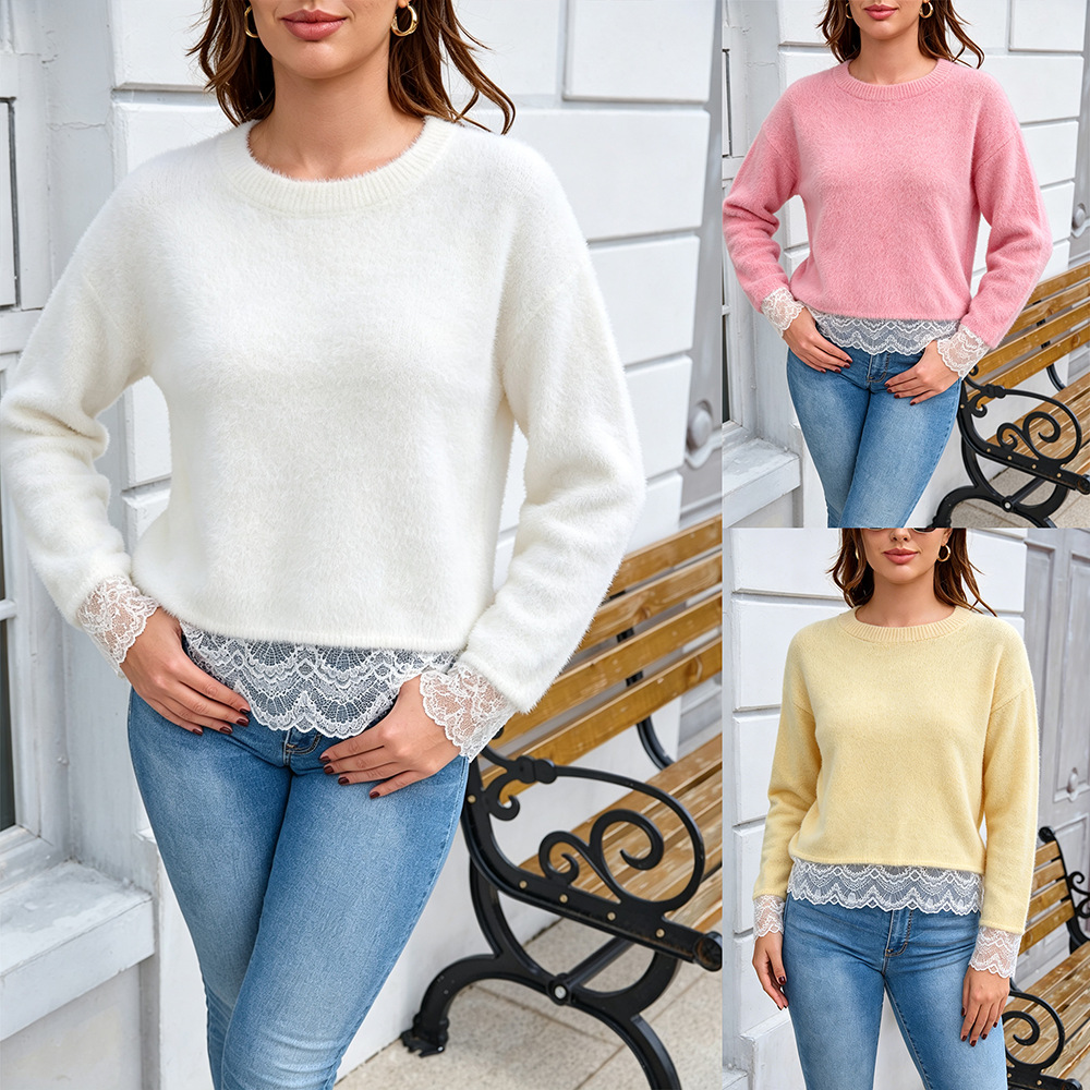 Lace Trim Hem Soft Knit Sweater Solid Color Pullover