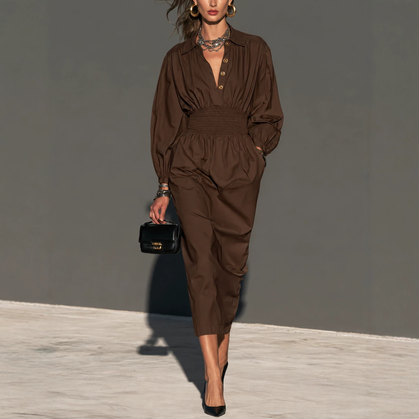 Collared Button Waist-Cinched A-Line Midi Dress