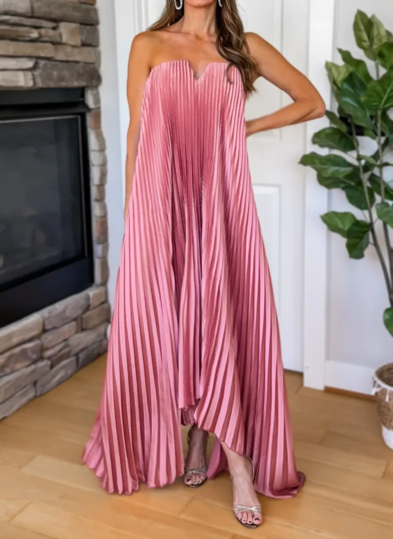 Pink Orange-Red Floral Strapless Pleated Maxi Dress