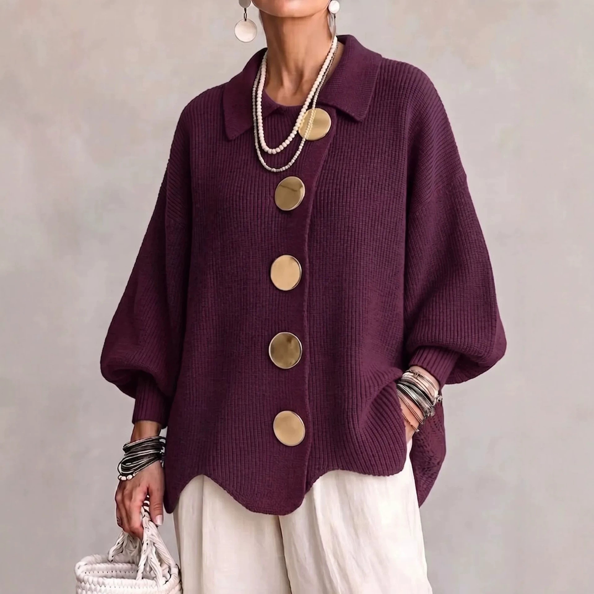 Button-Front Knit Collared Cardigan Sweater Coat