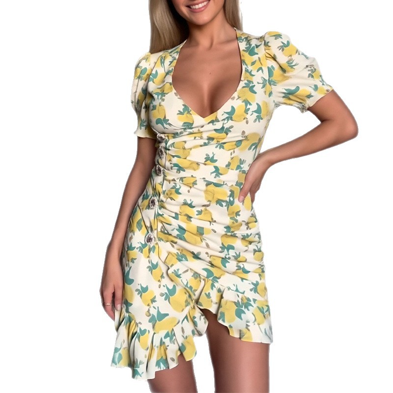 Sweet V-Neck Floral Ruffle Dress