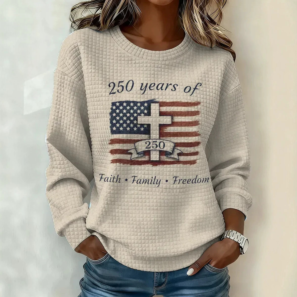 Cross Print Waffle Knit Women's Sweatshirt
