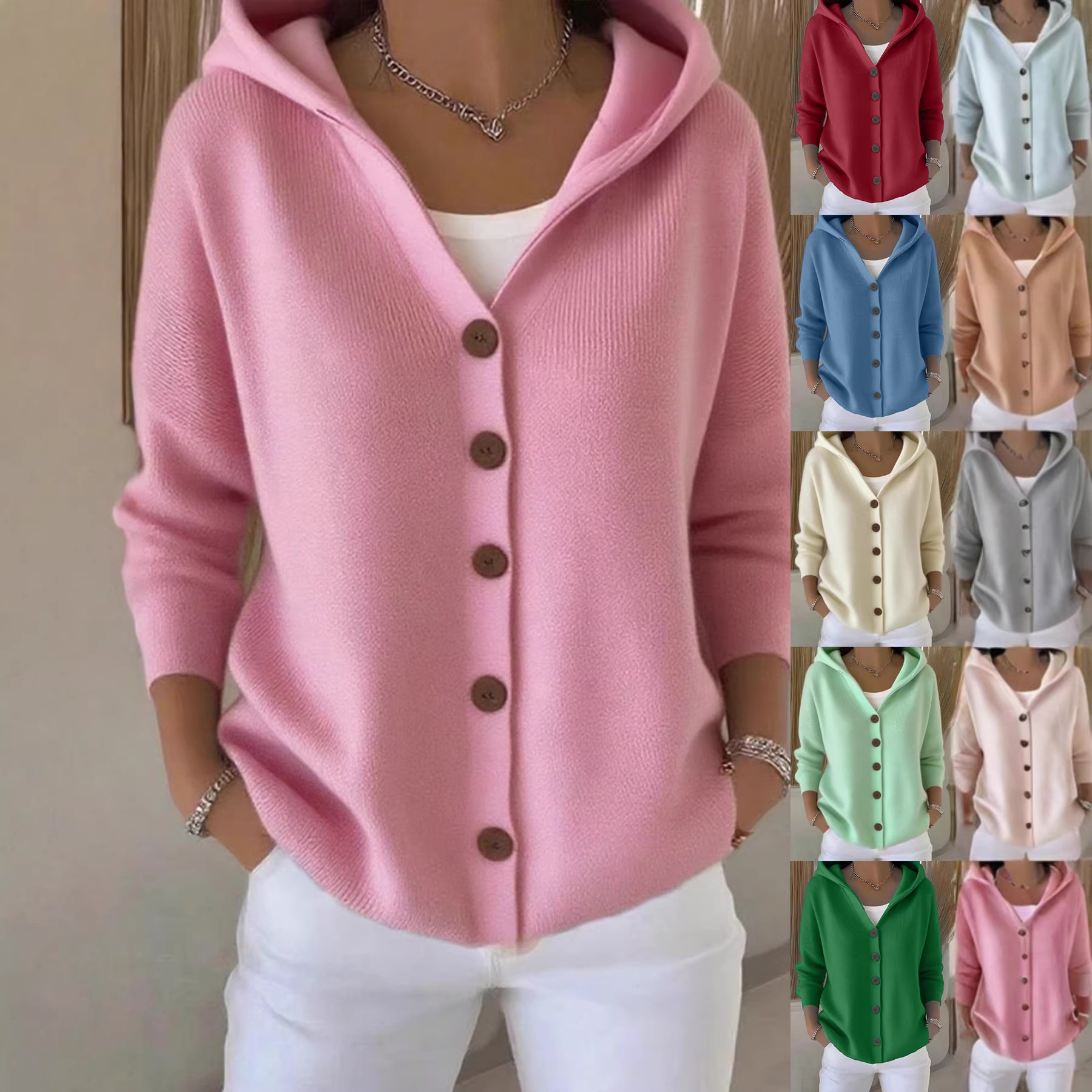 Hooded Knit Cardigan Women Solid Color Casual Sweater Coat