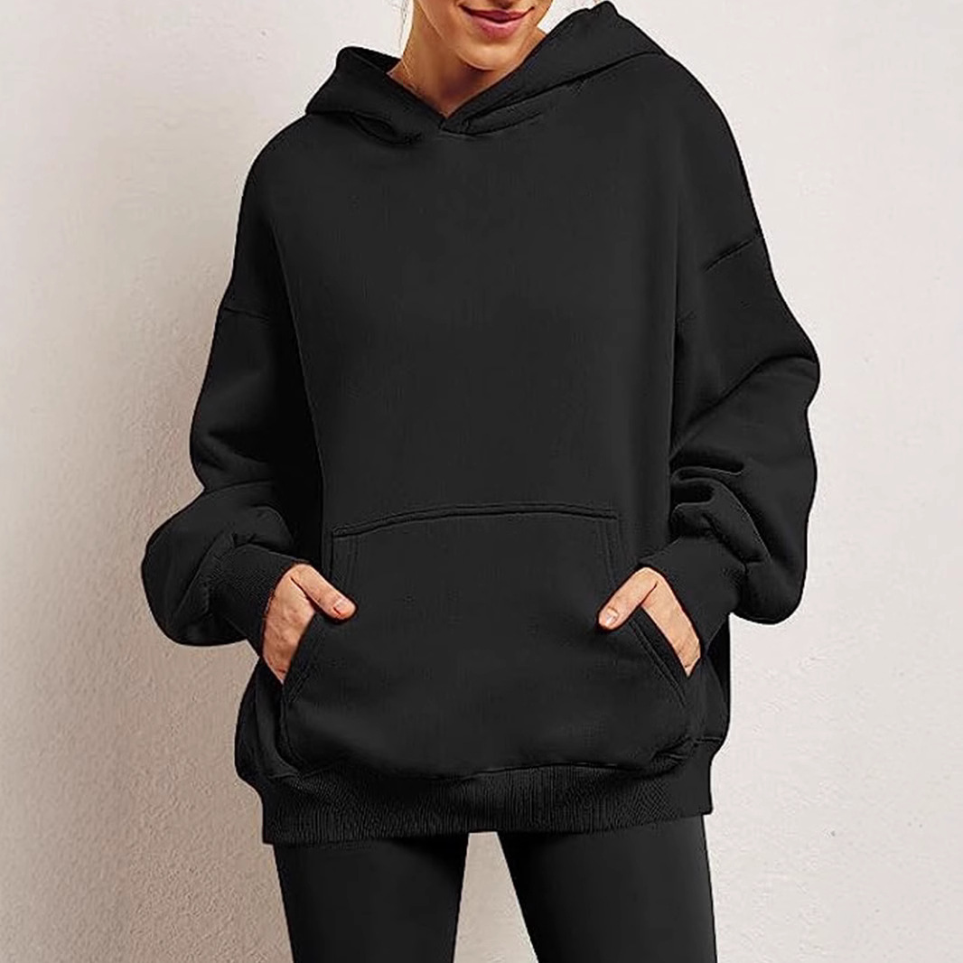 Women's Fleece-Lined Hooded Sweatshirt, Cotton Blend, Loose Fit, Solid Color