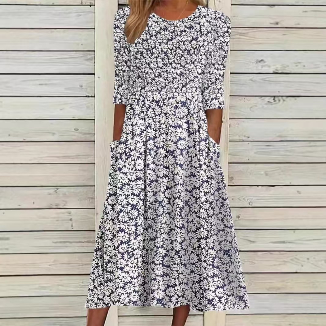 Women's Printed Round Neck Pocket Casual Dress