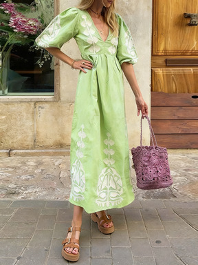 Floral Print V-Neck Puff Sleeve Open Back Loose Casual Midi Dress