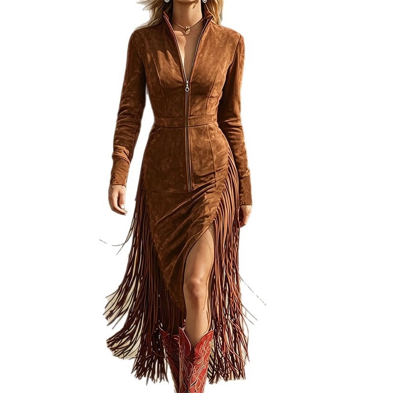 Women's Western Faux Suede Fringe Long Sleeve Dress with Stand Collar and Zipper