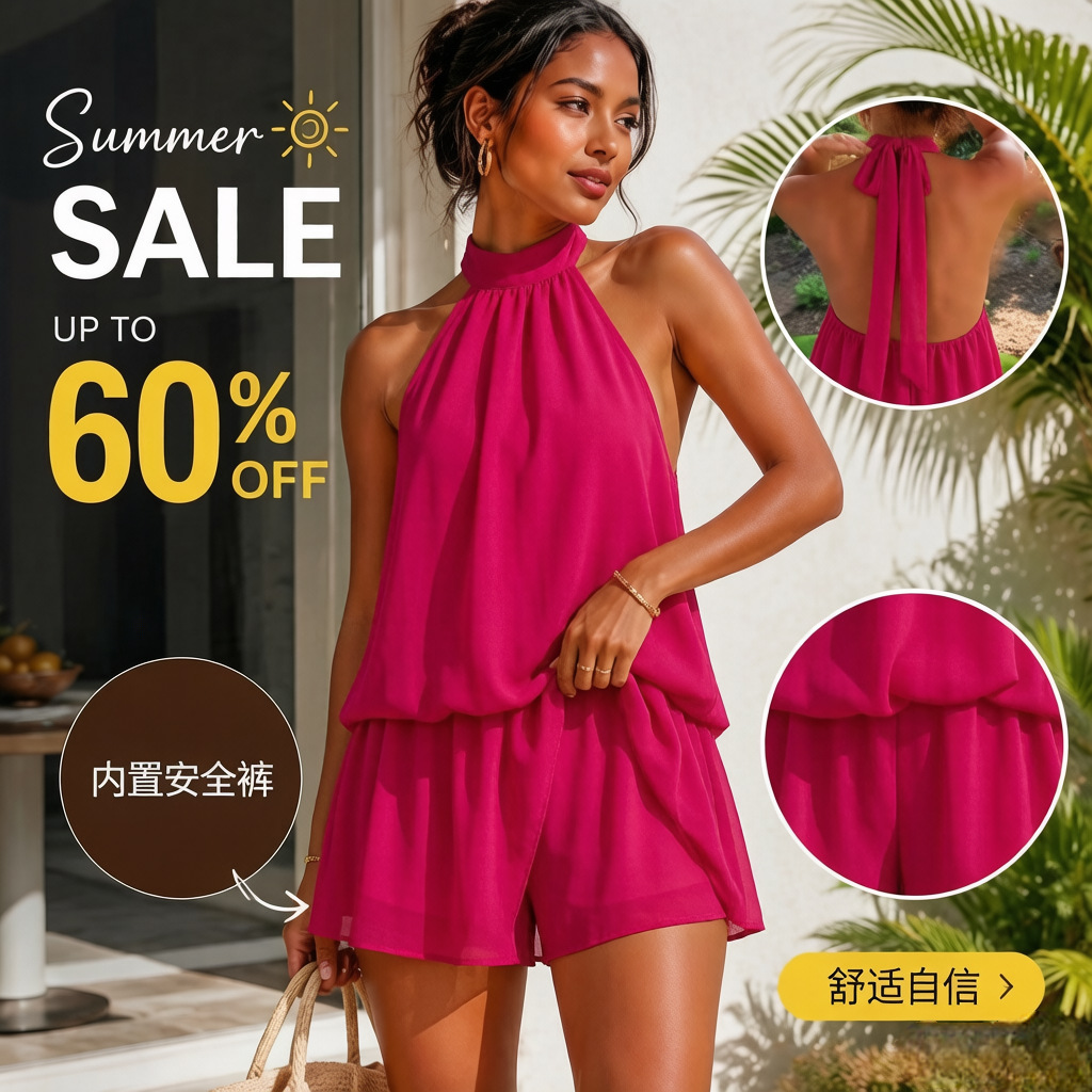 Women's Halter Open-Back Tie Chiffon A-Line Mini Dress with Built-in Shorts