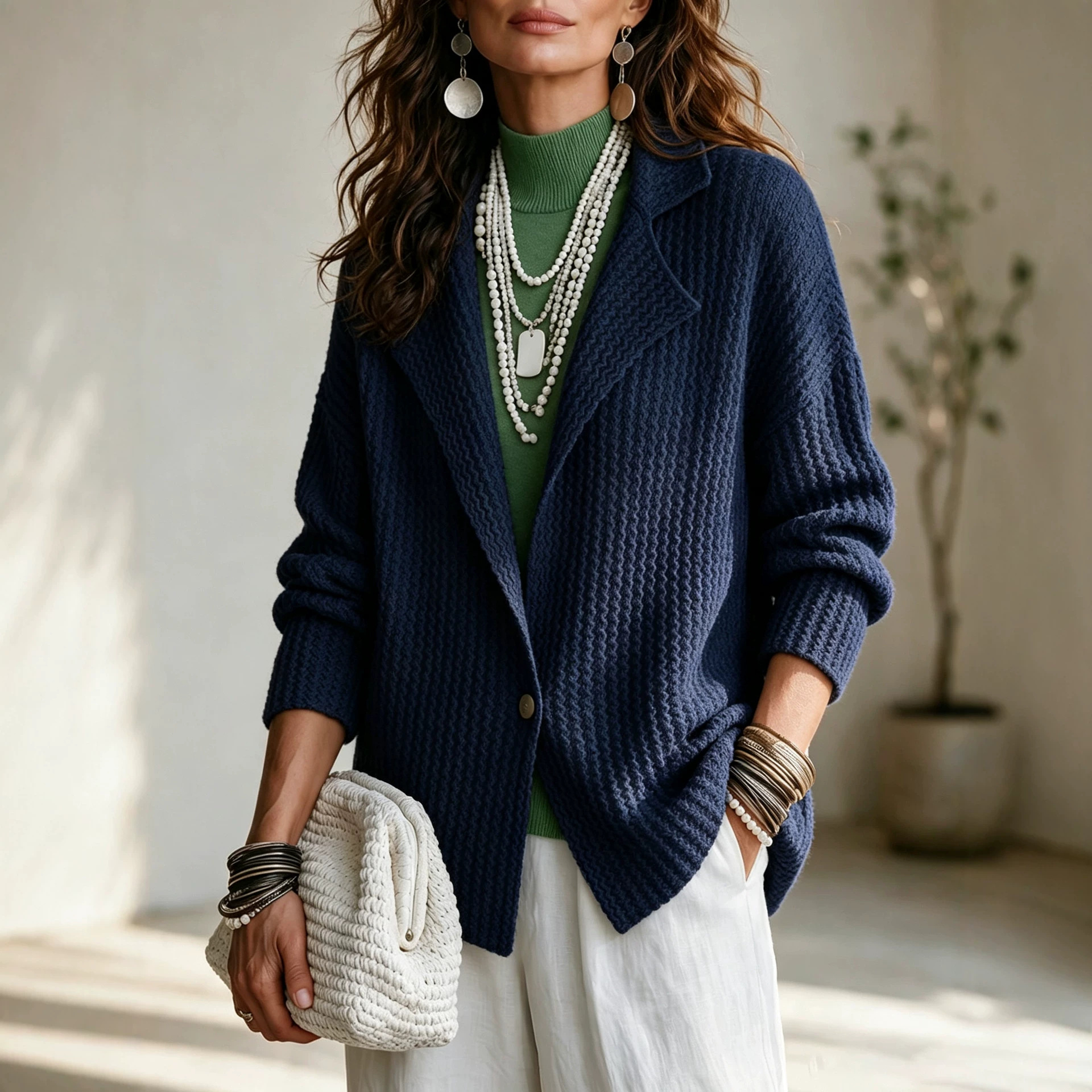 Women's Textured Knit Cardigan with Blazer Collar Single Button Loose Fit