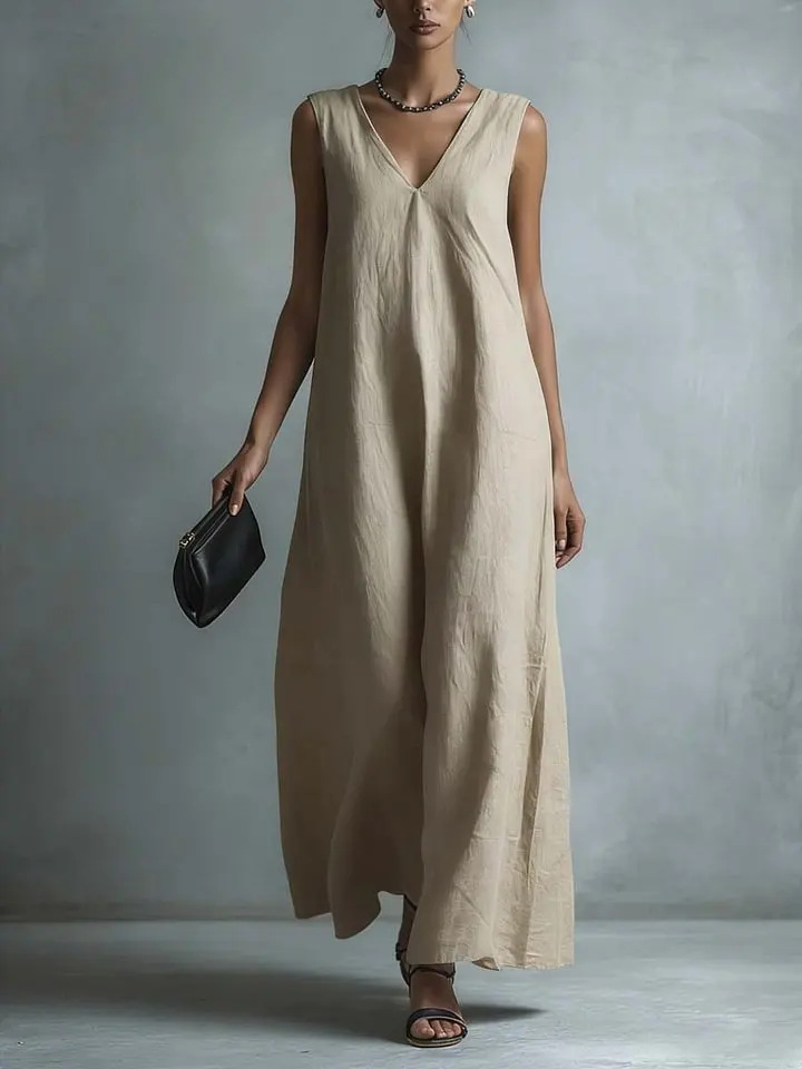 Women's V-Neck Sleeveless Linen-Look A-Line Midi Dress
