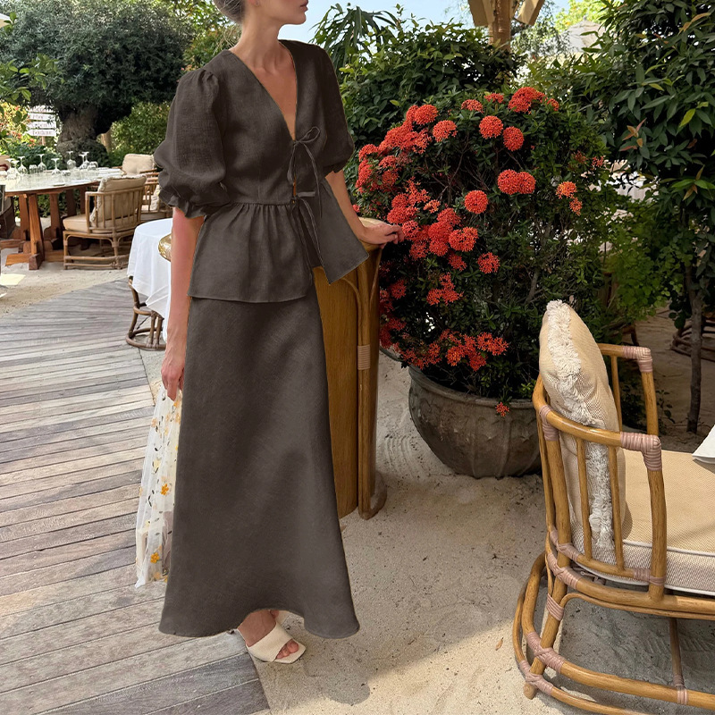 Elegant Tie-Front Solid Color Shirt and Long Skirt Two-Piece Set