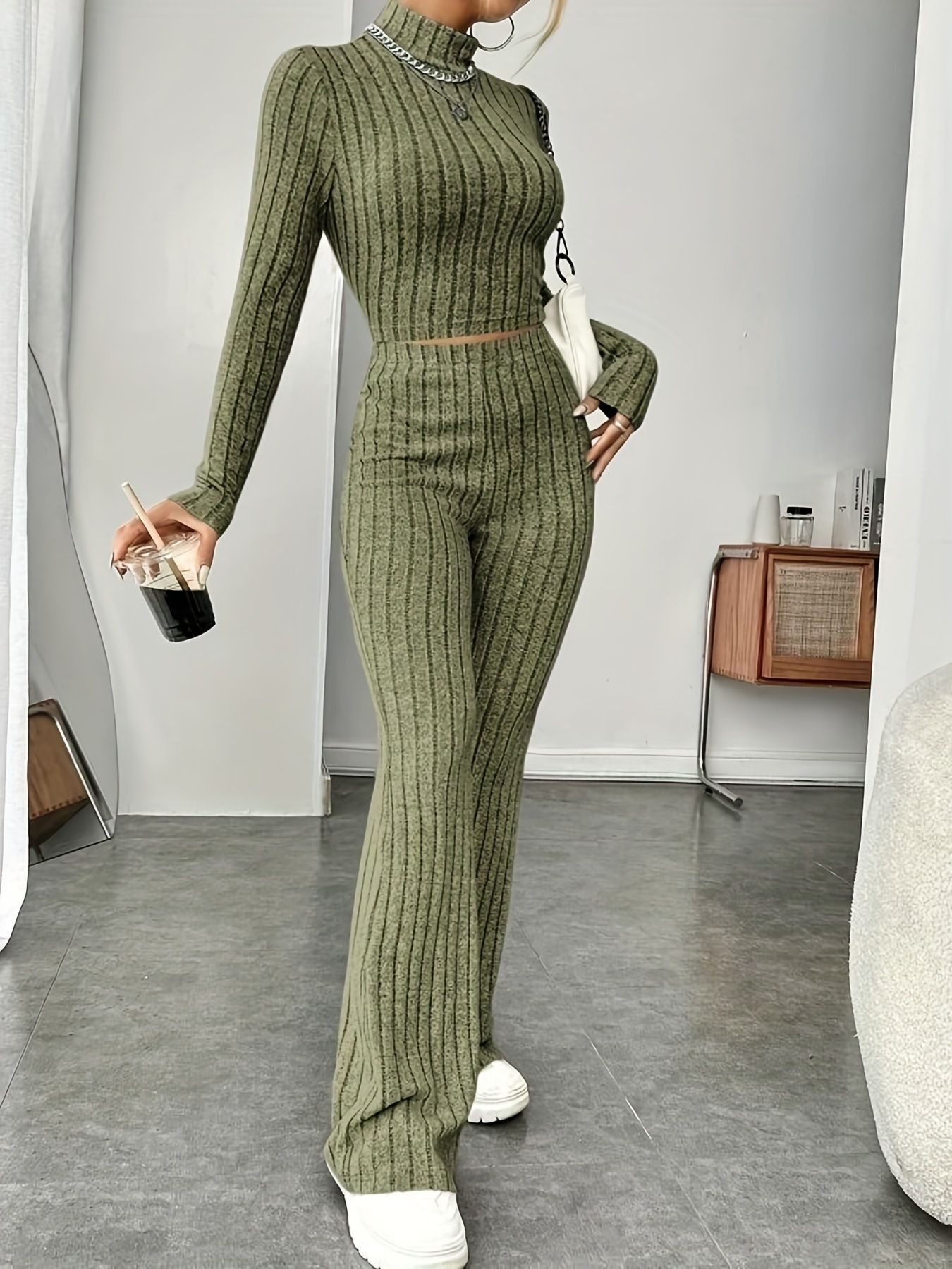 Women's Ribbed Knit Long Sleeve Two-Piece Set