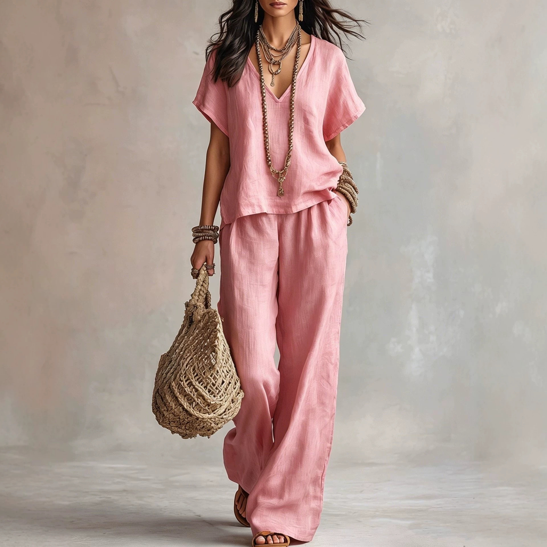 Women's Casual Solid V-Neck Short Sleeve Top & Pants Two-Piece Set