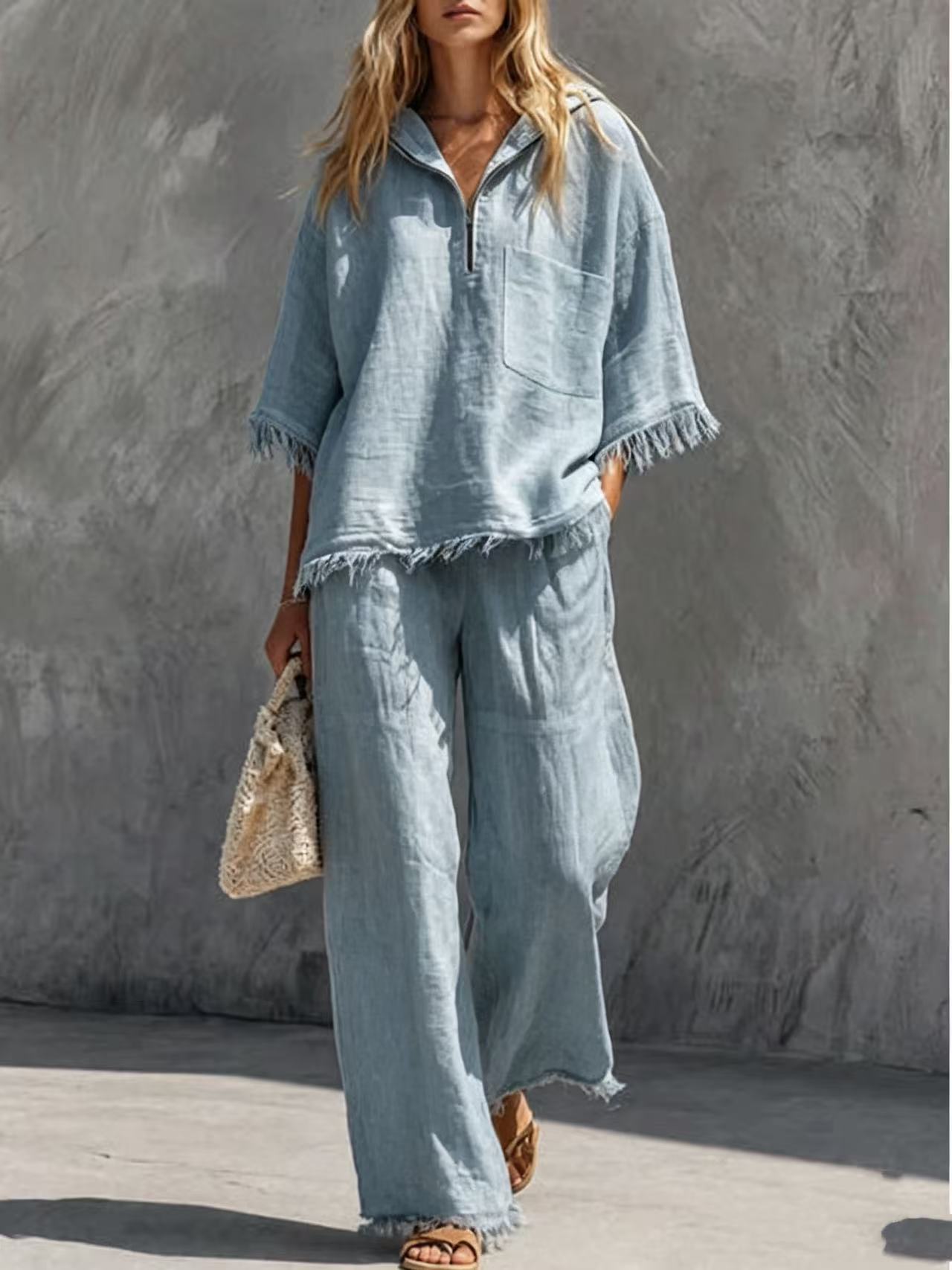 Retro Raw-Edge Fringe Half-Placket Short-Sleeve Top & Wide-Leg Pants Set