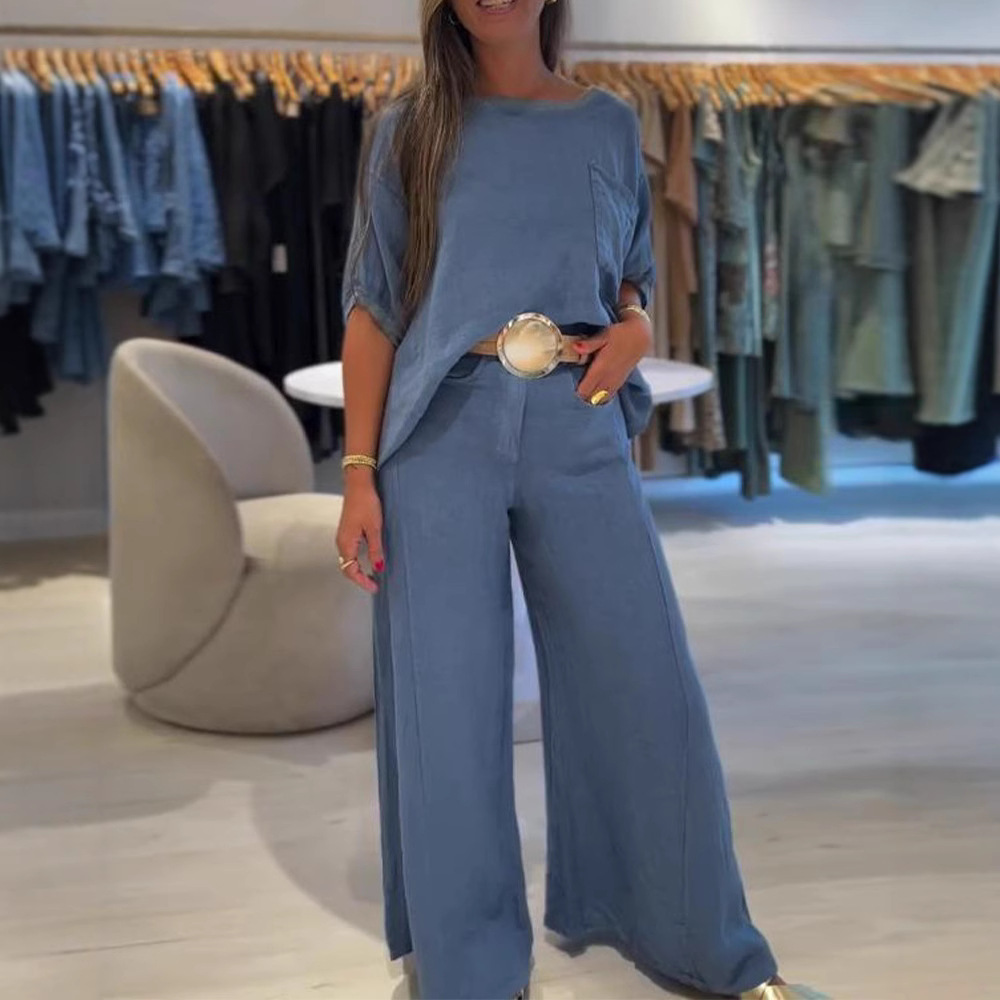 Women's Solid Color Round Neck Wide-Leg Pants Set Casual Two-Piece