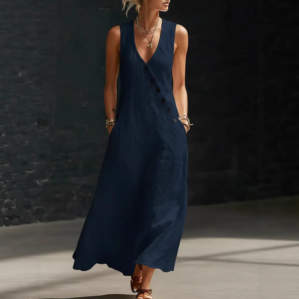 Women's V-Neck Sleeveless A-Line Midi Dress Casual Vacation