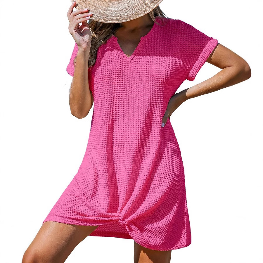 V-Neck Twist Cover-Up Dress Short Sleeve A-Line Beach Dress